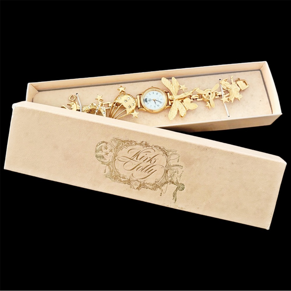Vintage Kirk’s Folly Fairy Charm Bracelet Watch Gold Tone Enchanted Original Box - Picture 2 of 6